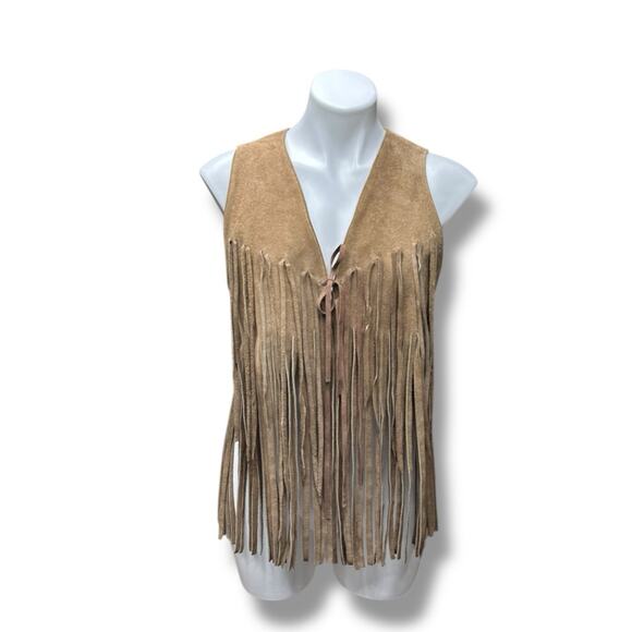 Vtg Suede Fringe Vest Sz S/M Leather Tan Brown Boho Hippie Festival 60s 70s - Picture 2 of 16